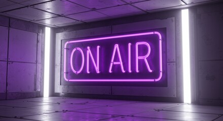 Vibrant purple on air neon sign illuminates a modern metallic studio evoking broadcast technology and communication