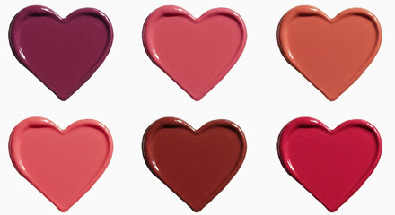 Glossy lip swatches in heart shapes showcasing vibrant and diverse lipstick shades for all skin tones