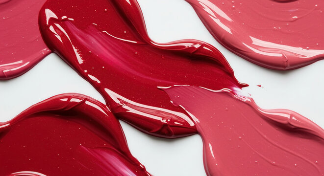 Glossy lip swatches featuring vibrant lipstick shades against a neutral backdrop