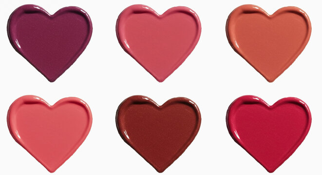 Glossy lip swatches in heart shapes showcasing vibrant and diverse lipstick shades for all skin tones