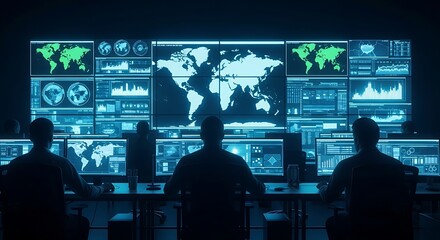 Silhouetted figures in dark room watching multiple screens displaying world maps and data control room