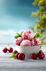 Cherry ice cream in a glass bowl with fresh cherries and mint leaves on a blue sky background. This scene gives people feelings of freshness and cool crispness. Commercial photography.