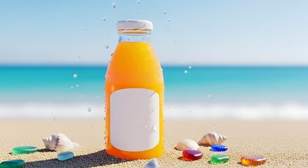 Vibrant glass bottle with seashells and sea glass reflecting summer vitality