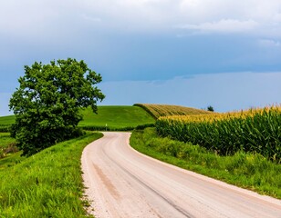 Country road winds through a cornfield landscape