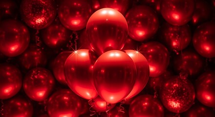 Vibrant red balloons creating a striking and atmospheric background with glossy reflections.