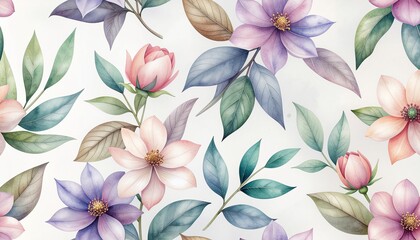 A pattern of delicately painted digital watercolor leaves and flowers, suitable for elegant backgrounds