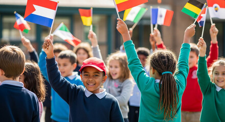 A group of children waving various international flags in the air with smiles and enthusiasm outdoors