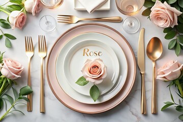 Elegant Modern Dining Table Setting: White Plate, Rose Gold Cutlery, Aerial View