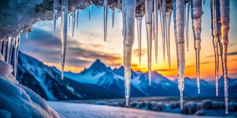 Frozen Landscape: Icicles and Misty Mountains - Winter Wonderland Stock Photo