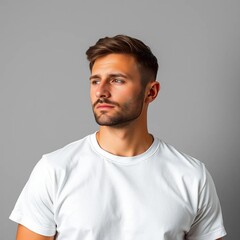 Obraz premium Portrait of a handsome man with a beard wearing a white t shirt looking to the left side