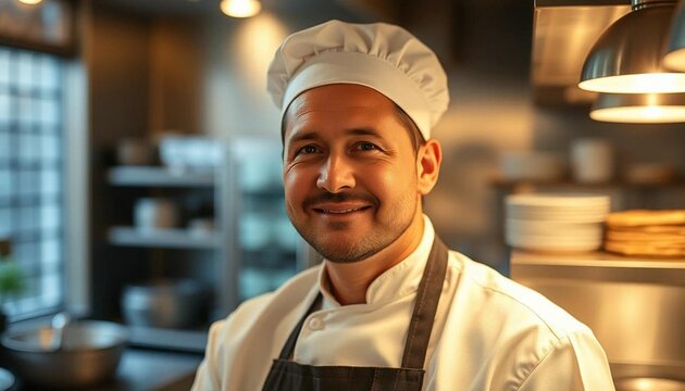 A smiling chef in a kitchen wearing a white uniform and hat with a black apron looking forward
