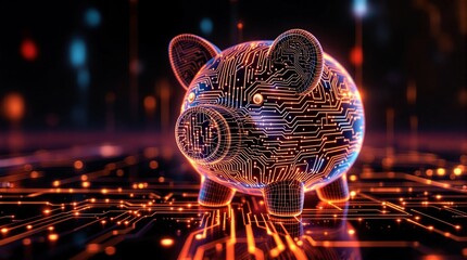 Digital piggy bank on circuit board symbolizes fintech innovation and digital savings.