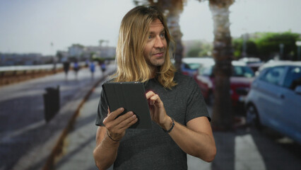 Blond man in gray tshirt swipes tablet touchscreen on sunny street lined with palm trees and parked cars  curiosity exploration. © Krakenimages.com