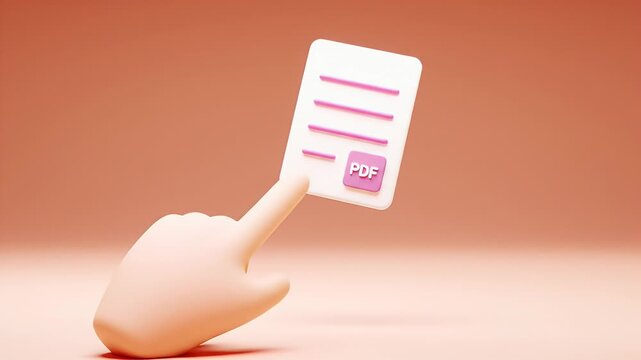 Stylized Cartoon Hand Hovering over a White Document with Pink Pdf Button on Peach Background in Soft Lighting 3d