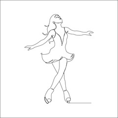 A single-line drawing of a joyful female figure skater gliding gracefully with arms outstretched and dress flowing, capturing elegance, movement, and artistic expression on the ice.