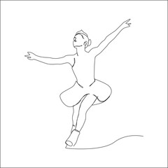 A minimalist one-line drawing of a figure skater performing a graceful pose on one leg, arms extended, capturing elegance and balance in motion.