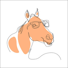 A minimalistic one-line drawing of a horse wearing glasses, with orange color patches accentuating its face and body, blending art and whimsy in a modern style.