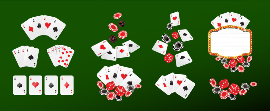 Set of Gambling Poker and card games sign and symbol. Falling aces and casino chips on white background.