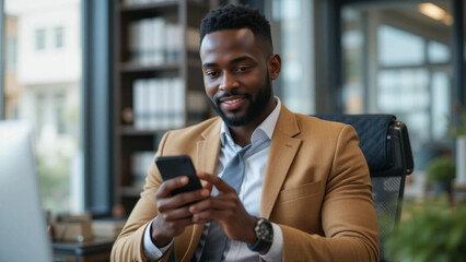 A smiling african american businessman in a suit using a smartphone in an office setting indoors