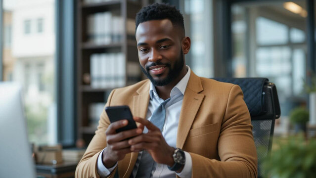 A smiling african american businessman in a suit using a smartphone in an office setting indoors