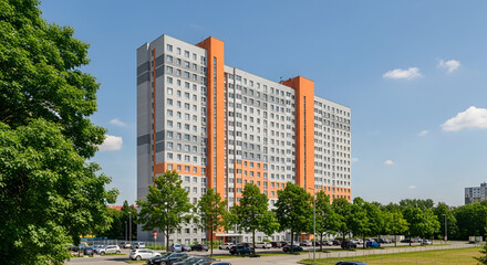 Fototapeta premium Modern high-rise apartment building with orange accents, situated amidst green trees and parked cars on a sunny day.