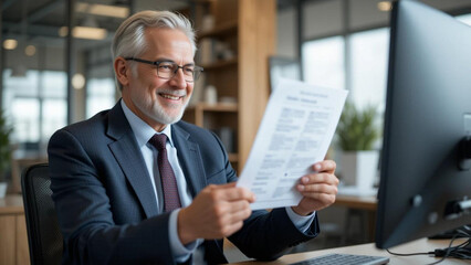 A smiling businessman in a suit reviews documents at his desk in a modern office space