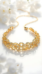 Obraz premium Ultra high-res gold necklace with intricate filigree on glossy white background, elegant and bold. 