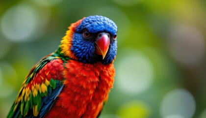 a vibrant parrot with an array of colors on its feathers, sitting against a blurred background that suggests a natural environment.
