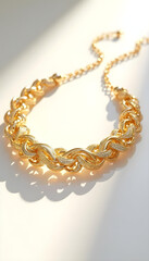 Obraz premium Ultra high-res gold necklace with intricate filigree on glossy white background, elegant and bold. 