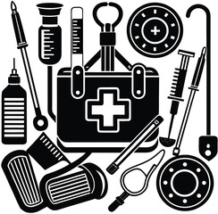 Set of black medical equipment icons vector illustration with tools and instruments symbols