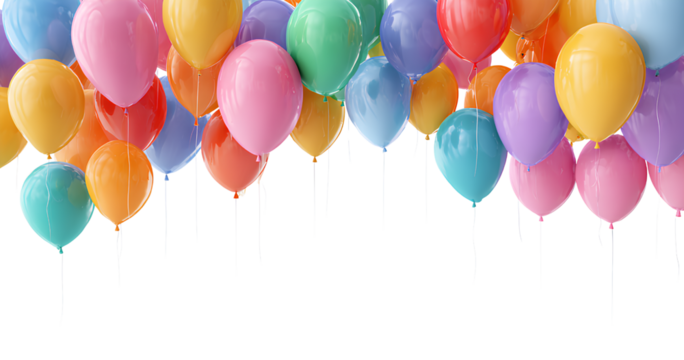Vibrant birthday balloons in various colors, isolated on a transparent background