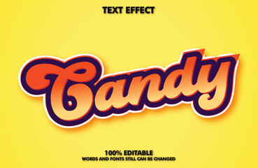 Retro candy text effect with orange and purple outline on yellow background
