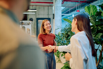 Two businesswomen shaking hands after reaching an agreement in a modern office with plants, smiling...