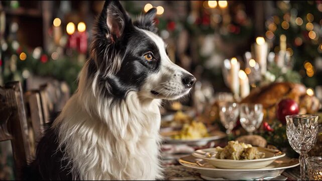 Border Collie sitting at a table beautifully set for Christmas dinner. Video background for New Year or Christmas greeting card.