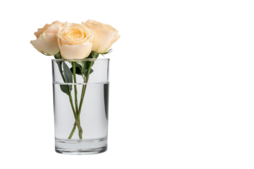 Elegant Rose in a Glass: Delicate beige roses stand tall in a clear glass, offering a study in simple beauty and floral elegance. The water reflects the light, highlighting the pure form.