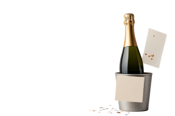Celebratory Champagne: A champagne bottle elegantly chilled in a metallic ice bucket, next to a message card, ready to pop.