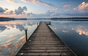 Naklejka premium Wooden pier extending into calm lake with soft clouds reflected in water, peaceful travel moment with natural scenic atmosphere.