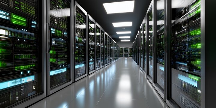 A secure server room, with rows of blinking lights and cables