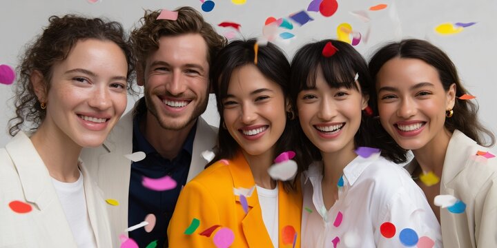 A diverse team of entrepreneurs celebrating a successful product launch, with confetti
