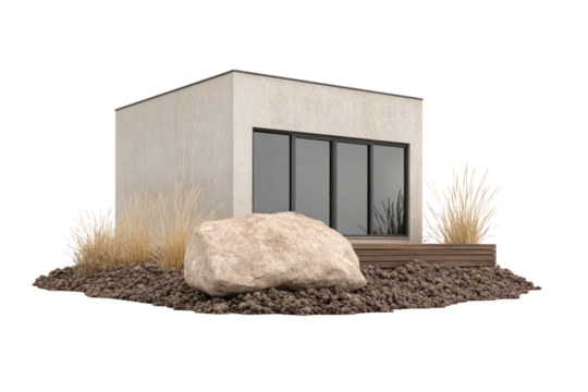 Modern Minimalist Retreat: A sleek, contemporary home, featuring clean lines, expansive glass, and natural elements, offers a tranquil escape amidst nature's embrace.