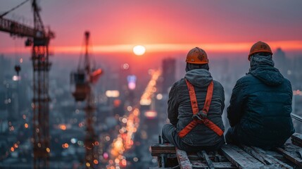 Construction Workers Resting on High-Rise Building at Sunset with Cityscape and Cranes in the Background
