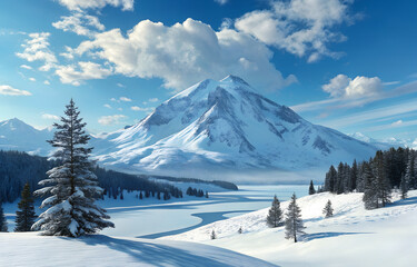 Fototapeta premium Snow-covered mountain peak under bright blue sky, panoramic winter scene with pristine landscape and high-altitude alpine atmosphere.