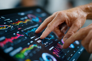 Macro view of telemetry screen with colorful racing data graphs, fingers tapping edge, 