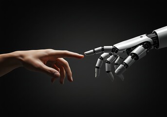 Symbolizing innovation, a human hand extends towards a sophisticated robotic limb.