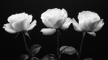 Naklejka premium Explore the art of minimalist photography, featuring roses loosing its petals in front of a plain black background without any shadows, black-white image