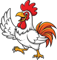 Cheerful cartoon rooster, vibrant feathers, farm animal illustration, playful chicken character, colorful bird mascot for children's books and education