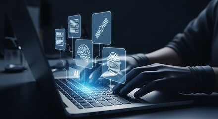 Cybersecurity & AI: Gloved hands typing on laptop with glowing data, brain, and network icons for digital transformation.