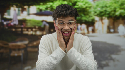 Man wearing glasses touching cheeks with hands makes surprise gesture in green park; moment of...