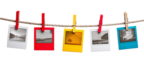Colorful Blank Polaroid Frames Hanging on Rope with Clothespins  Transparent Background

