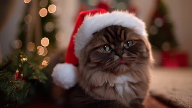 Fluffy munchkin cat licking himself. Cat wearing Santa Claus hat. Horizontal video background for a greeting card for the Chinese New Year.